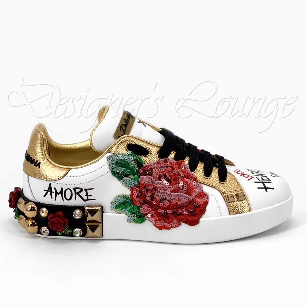 NEW DOLCE & GABBANA Roses Amore Crystal Sequin Portofino Sneakers $1,650 - Picture 5 of 13